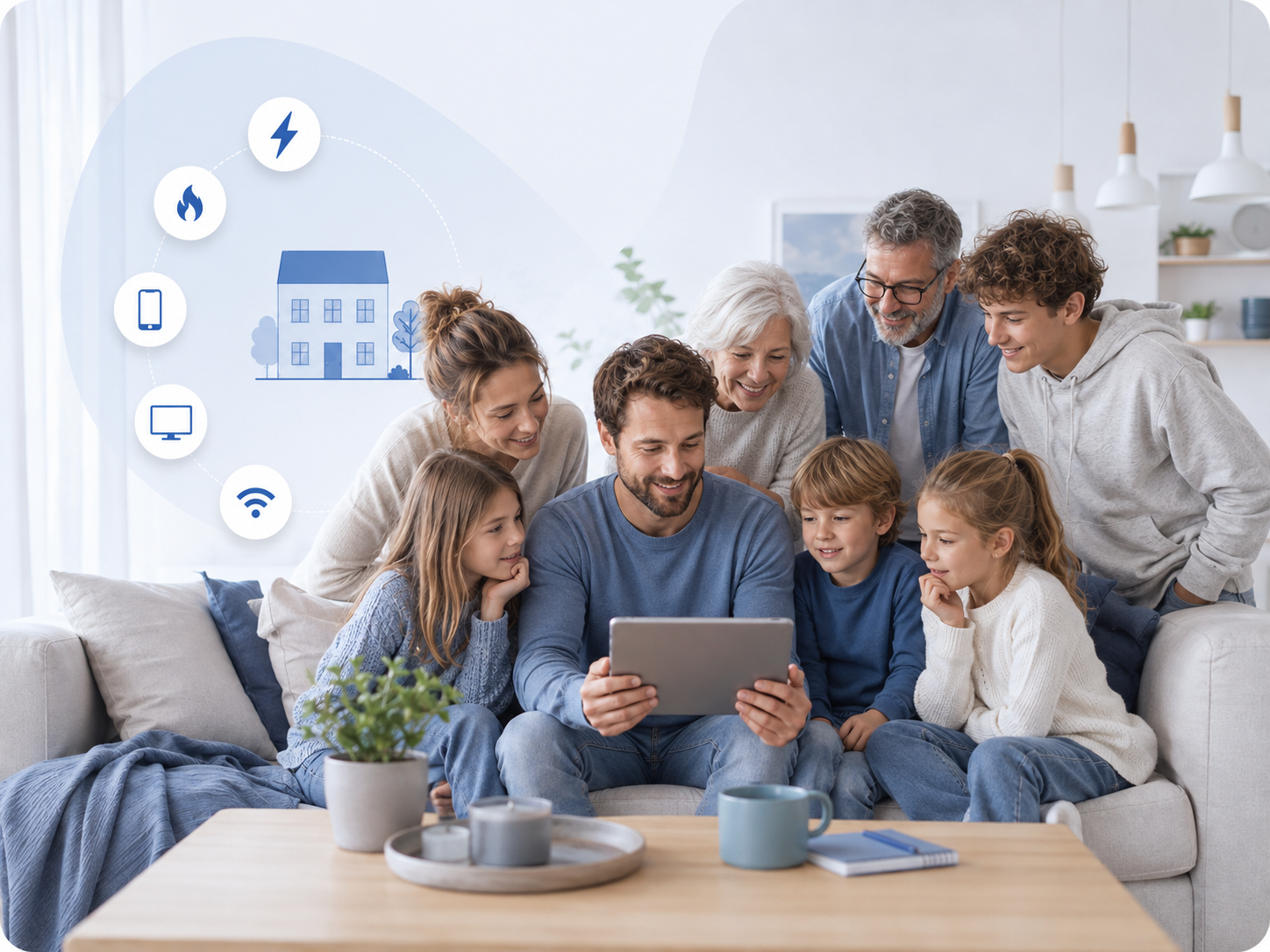 Stor husstand på 7+ personer der ser på tablet