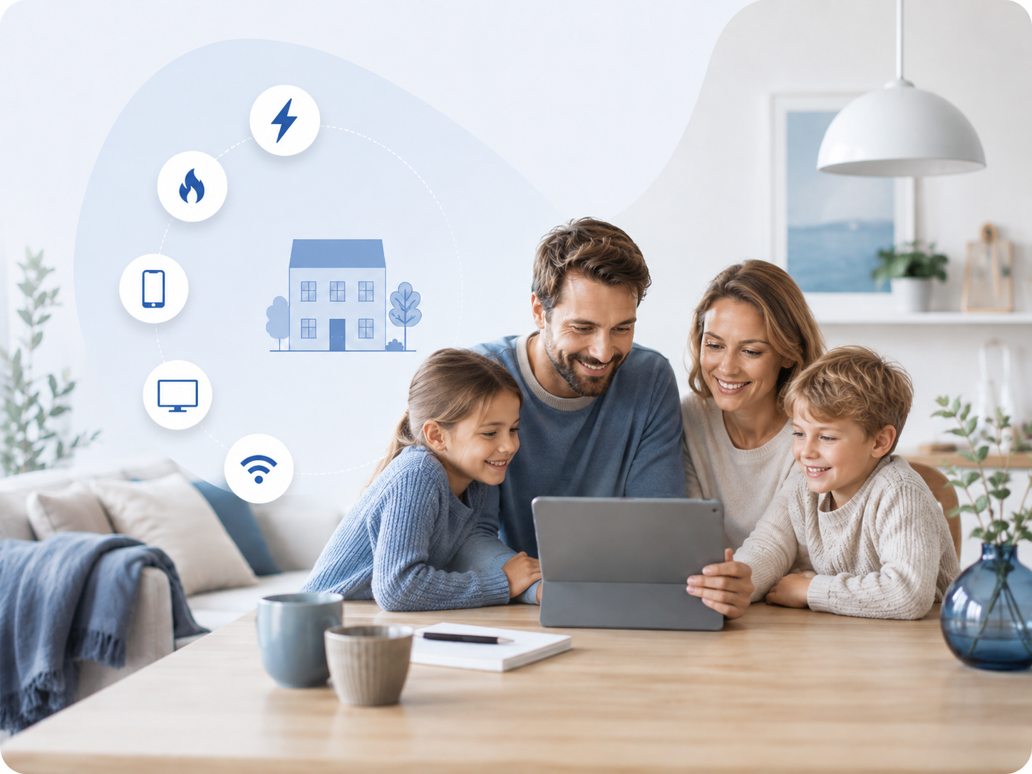 Familie på 3–4 personer der ser på tablet