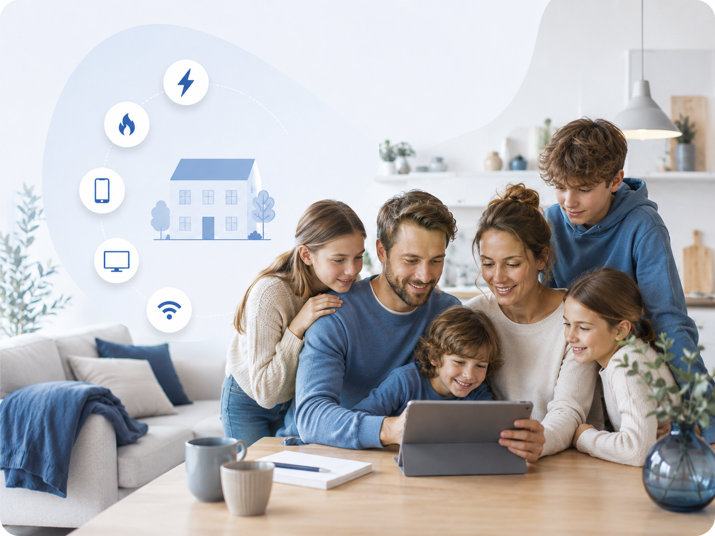 Familie på 5–6 personer der ser på tablet